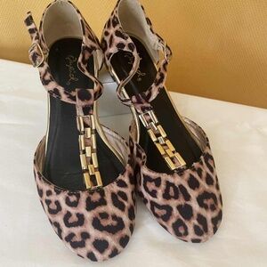 Qupid Leopard Print Ankle Strap Mary Janes Flats shoes with Gold Detail 7 1/2
